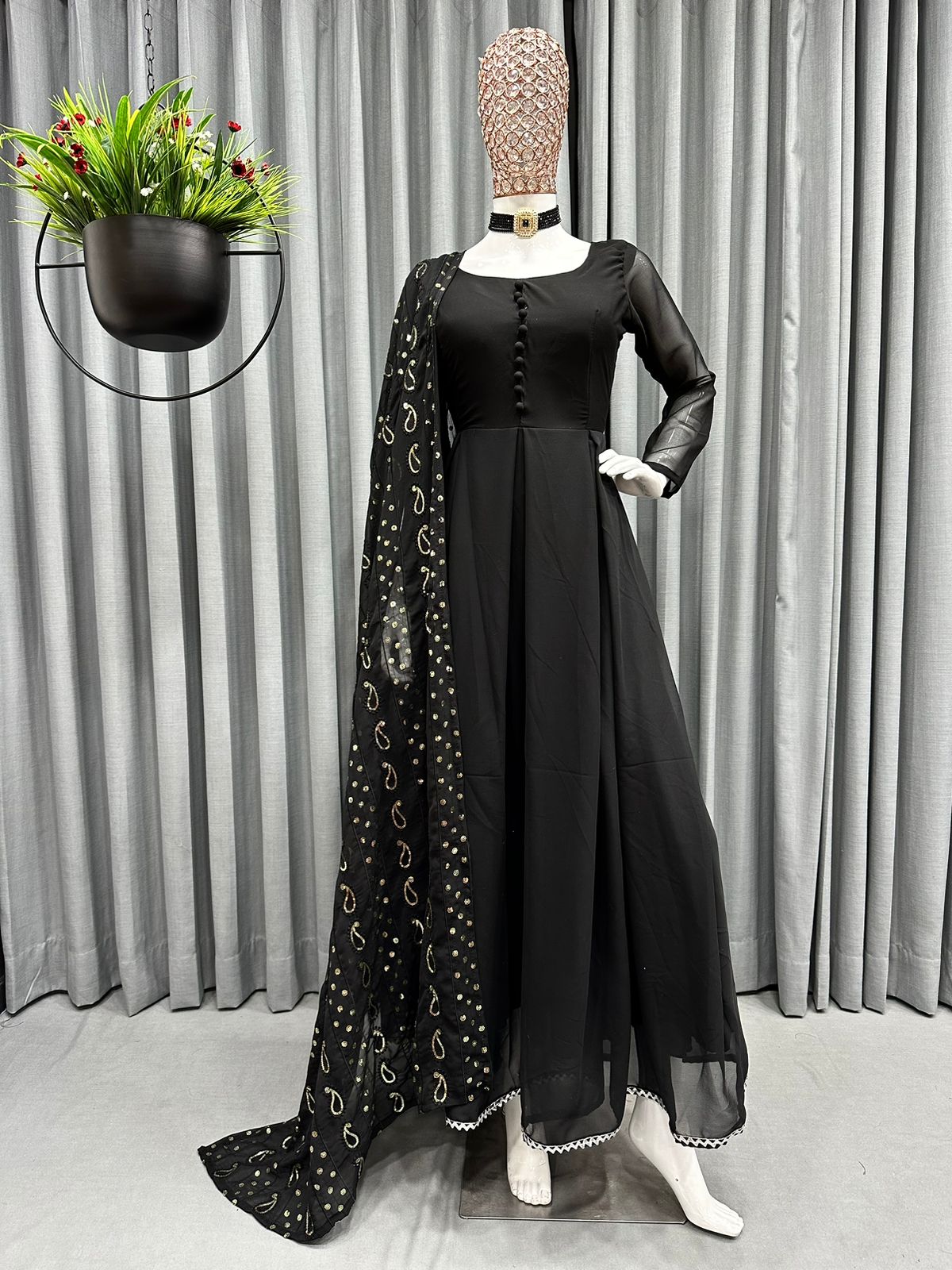 Black plain silk long gown with dupatta - Fashion at Rivaa - 2289030